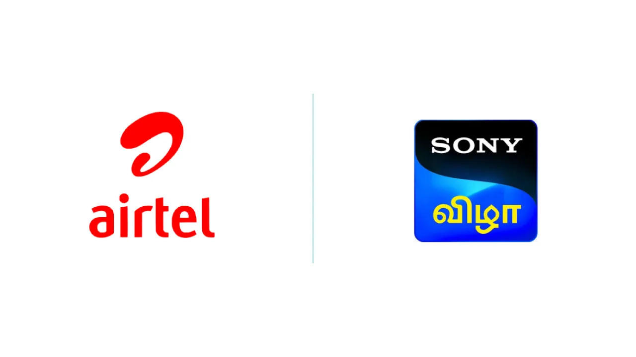 A satellite dish and a brass festival lamp, as halftone cutouts, for Sony Vizha joining Airtel Digital TV's Tamil line-up