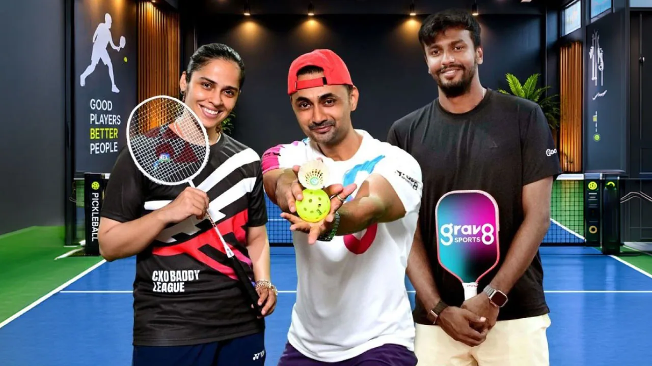 A shuttlecock and a pickleball paddle, as halftone cutouts, for Grav8 Sports naming Saina Nehwal and Armaan Bhatia as partners