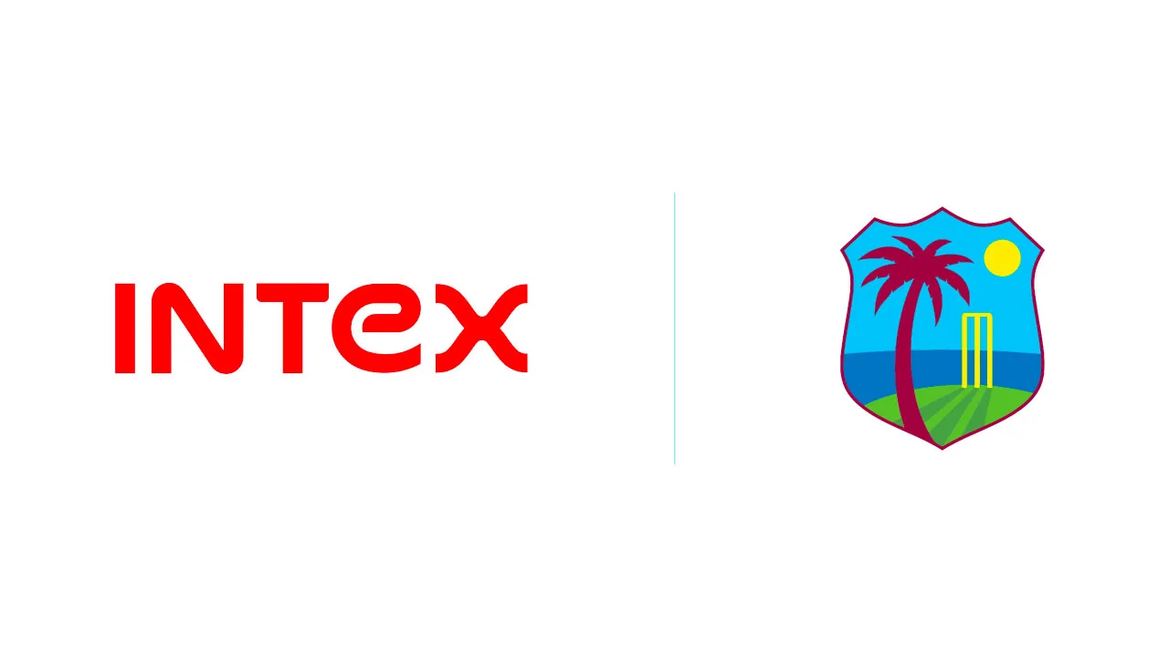 A cricket shirt and a television remote as halftone cutouts on a flat maroon ground, for the Intex series sponsorship