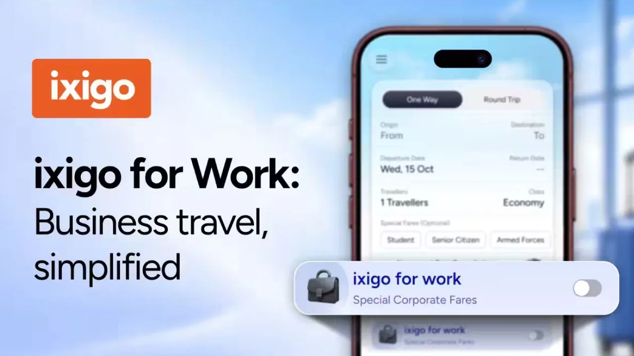A boarding pass and a desk calendar, as halftone cutouts, for ixigo for work bringing corporate fares into the main booking flow