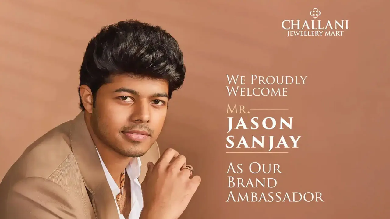An ornate temple-style necklace and a film reel, as halftone cutouts, for Challani Group signing Jason Sanjay as brand ambassador