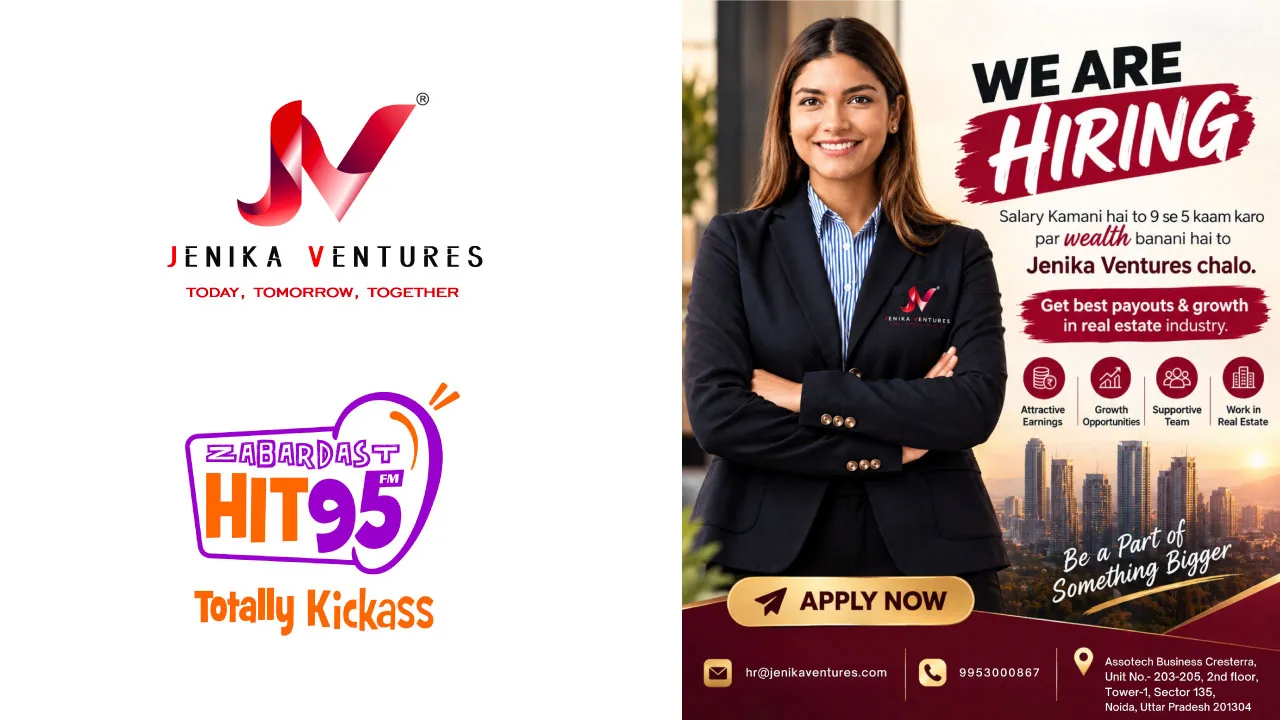 A Jenika Ventures recruitment creative paired with Hit 95 FM, offering payouts and growth in real estate