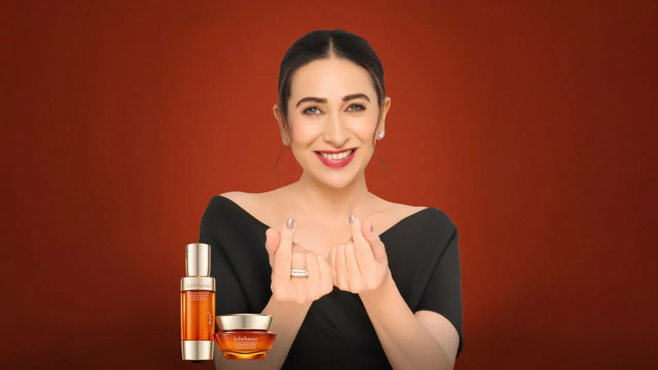 A lidded cream jar and a ginseng root, as halftone cutouts, for Sulwhasoo's 60-year campaign with Karisma Kapoor