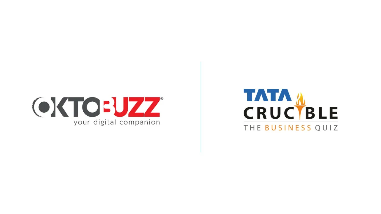 A quiz buzzer and a trophy as halftone cutouts on cobalt blue, for OktoBuzz's Tata Crucible Quiz social media mandate