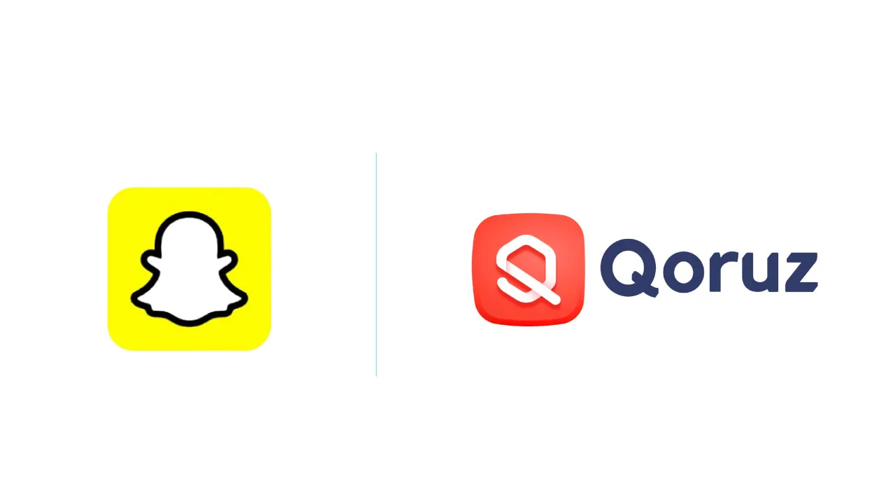 A smartphone and a magnifying glass as halftone cutouts, for Snapchat India partnering Qoruz on creator discovery and intelligence for brands