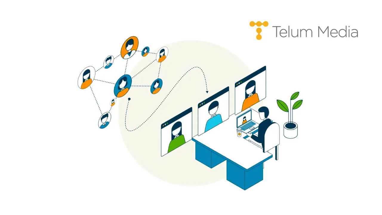 Telum Media illustration of a PR professional at a desk connected to a network of journalist profiles, for its distribution launch