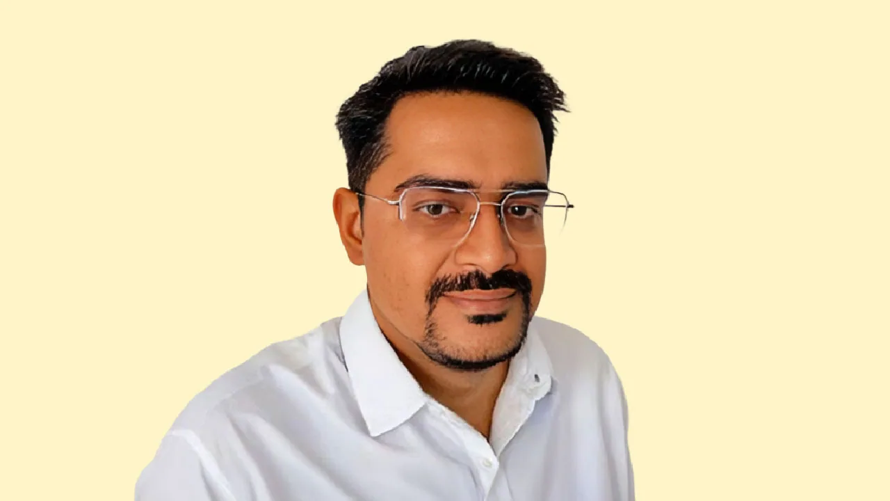 Black and white halftone cutout portrait of Yugal Tiwari, BharatPe chief product and marketing officer, on a flat teal background
