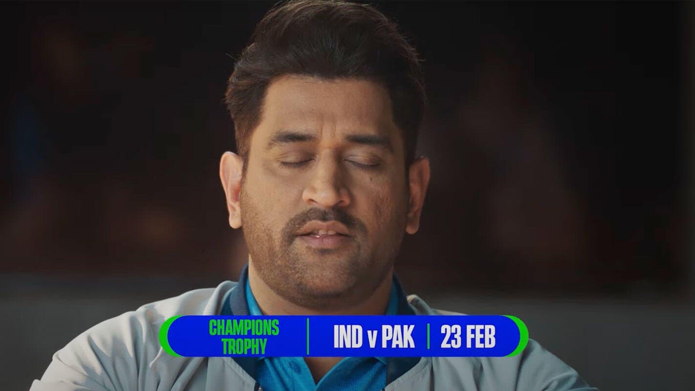 MS Dhoni with his eyes closed in a promo for the India versus Pakistan Champions Trophy tie