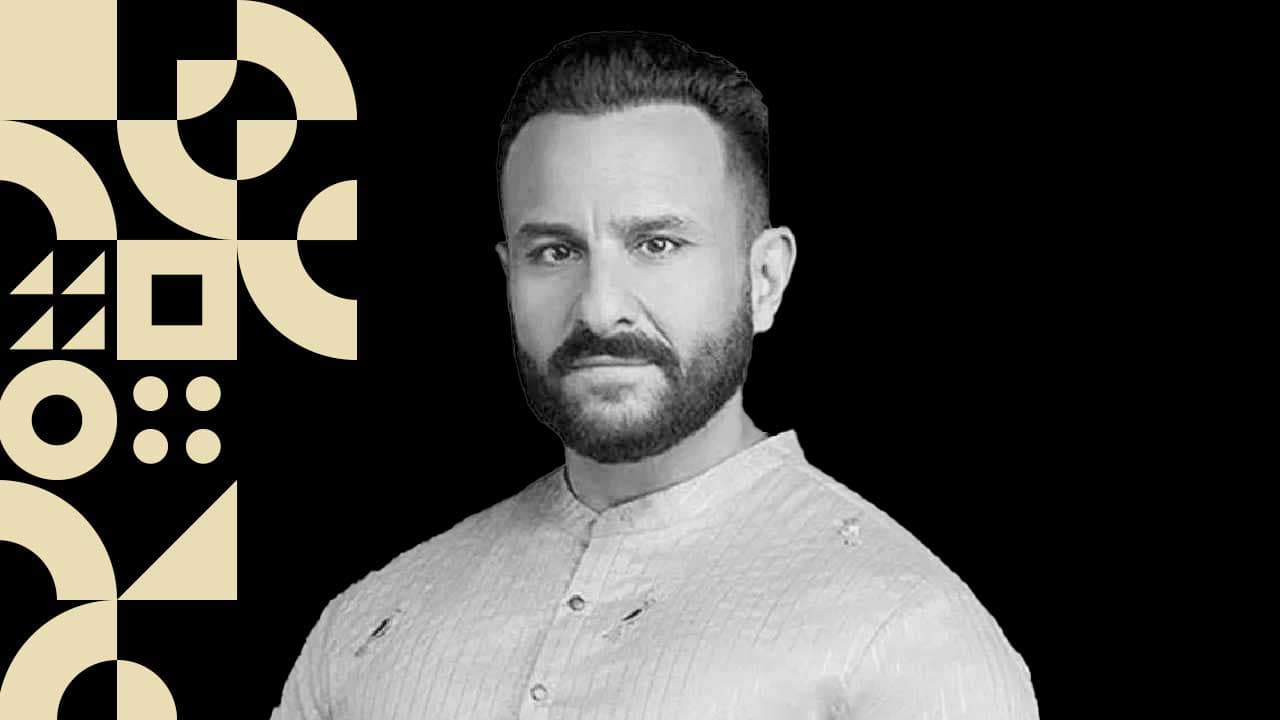 A black and white portrait of Saif Ali Khan, named brand ambassador for Sparsh Pearl