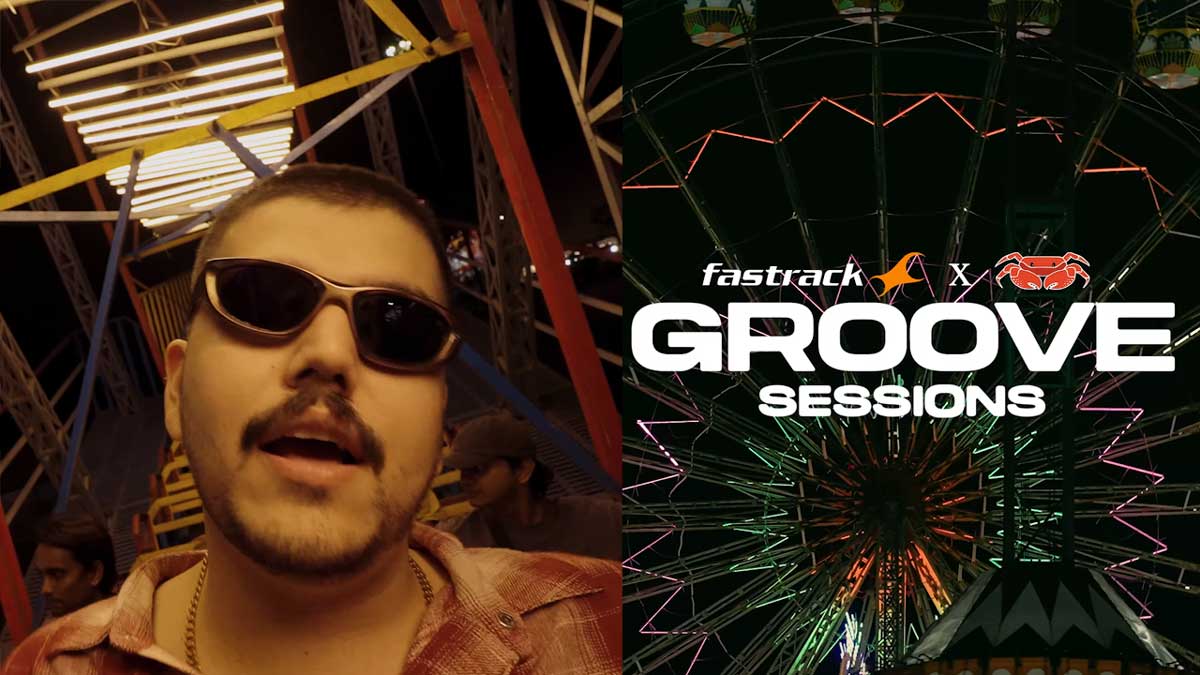 A festival-goer in sunglasses under neon lights, from Fastrack's Groove Sessions campaign