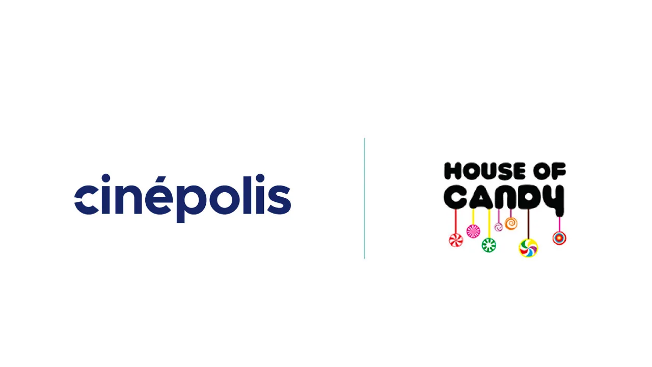 A striped popcorn tub and a wrapped sweet as halftone cutouts on magenta, for Cinépolis India's House of Candy counters