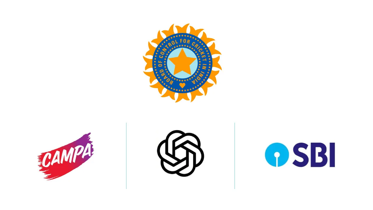 A cricket ball and a blank stadium hoarding as halftone cutouts, for the BCCI signing Campa Cola, SBI Life and ChatGPT as associate partners
