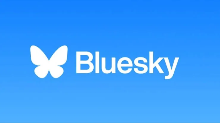 The Bluesky butterfly logo and wordmark in white on a blue background