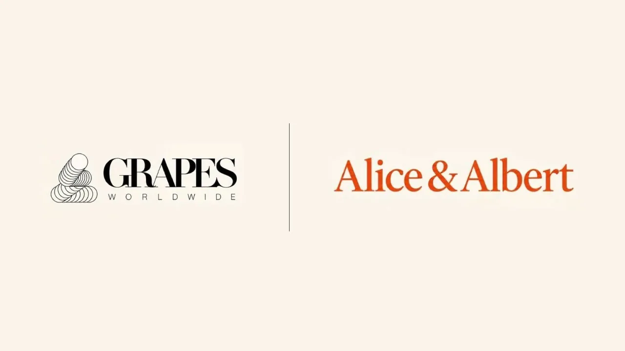 Two interlocking rings and a paper aeroplane as halftone cutouts, for the Grapes Worldwide and Alice and Albert global strategic partner network