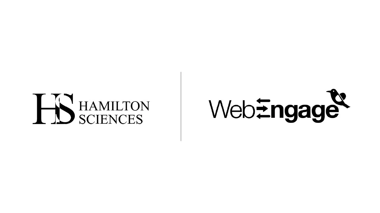 A deodorant spray can and a notification bell rendered as halftone paper cutouts, for the Hamilton Sciences and WebEngage customer engagement partnership