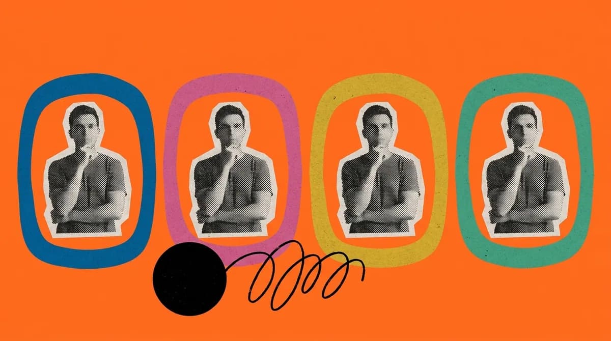 Four cut-out portraits of the same figure in differently coloured frames