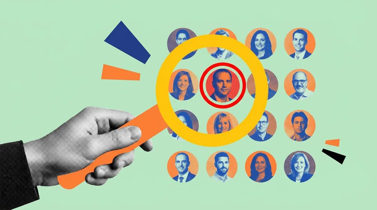 A halftone hand ringing one portrait in a grid of many with a yellow circle