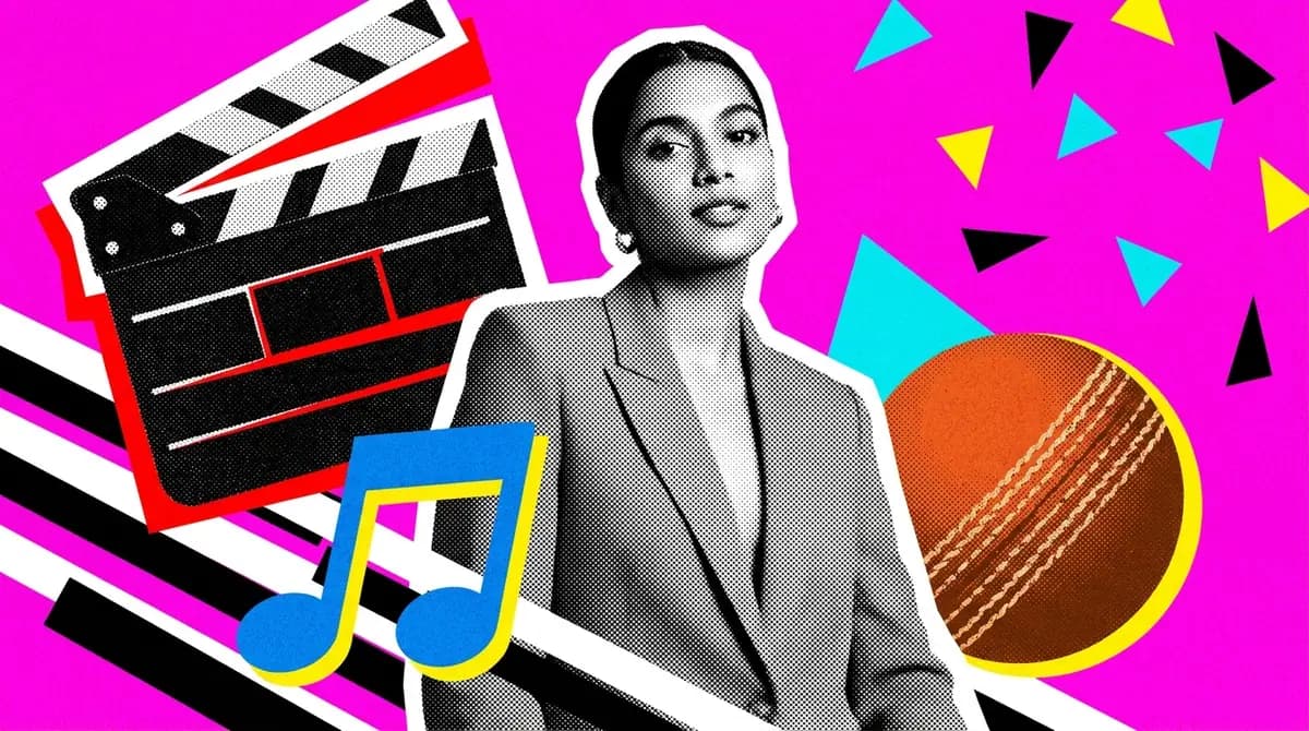 A halftone portrait of a woman beside a clapperboard, a cricket ball and music notes