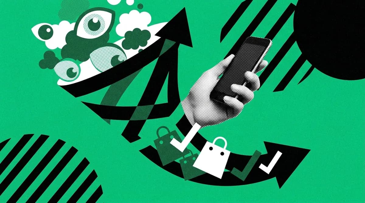 A halftone hand holding a phone above a shopping bag and a tick, among cut-out eyes
