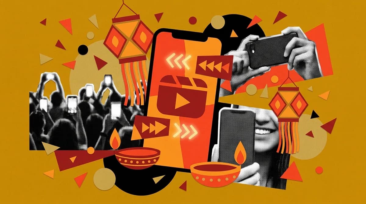 A halftone collage of festive lamps and phones filming a celebration, on amber