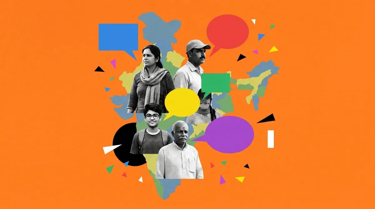 Cut-out portraits of regional creators scattered across an orange ground