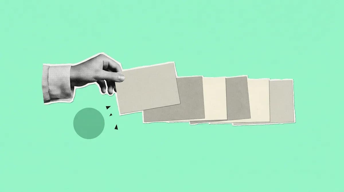 A halftone hand placing one card into an even row of cards, on a pale mint ground