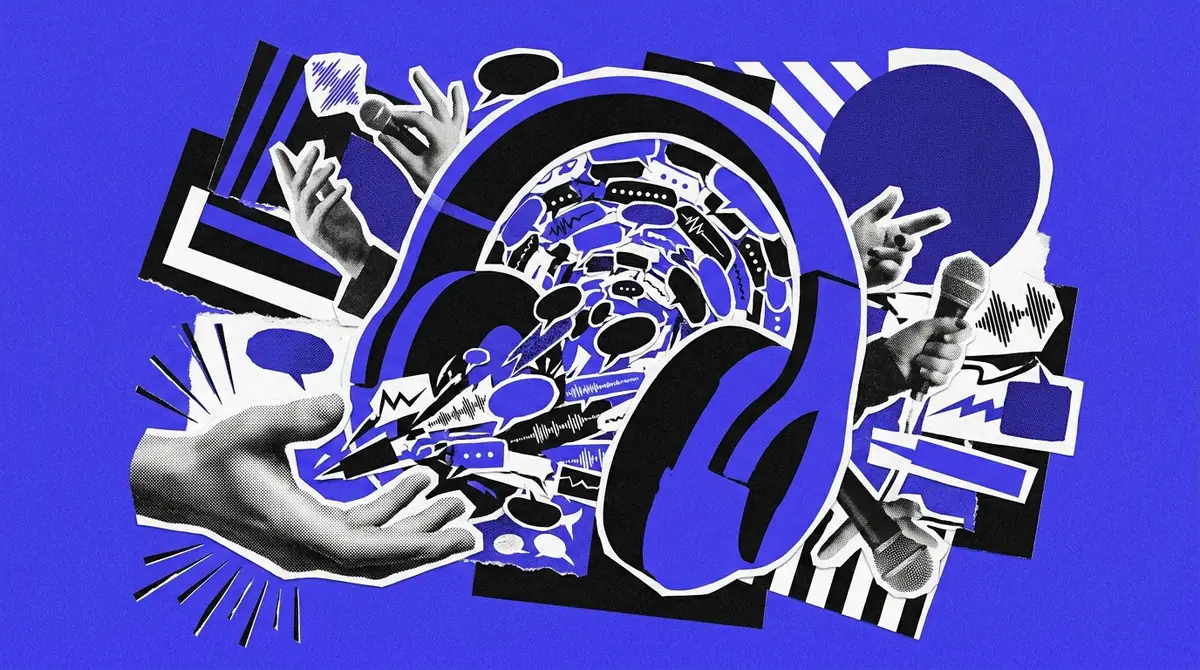 A halftone hand cupping a swirl of headphones and sound, on a blue ground