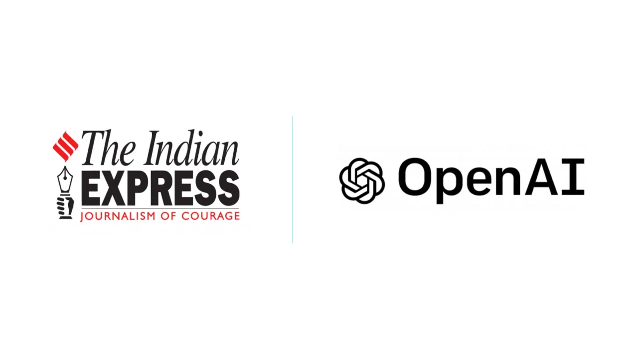 A rolled newspaper and two chain links as halftone cutouts, for the Indian Express Group partnership with OpenAI on discovery and attribution