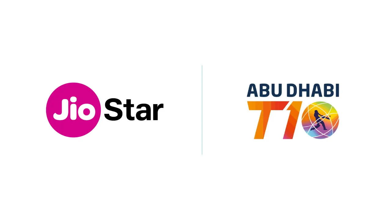 A vintage television set and a cricket ball, as halftone cutouts, for JioStar becoming the Abu Dhabi T10's broadcast partner