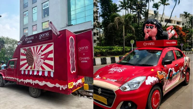 The MARS x Giani’s branded canter in Delhi, and the MARS car carrying the MARSIE mascot on its roof in Mumbai