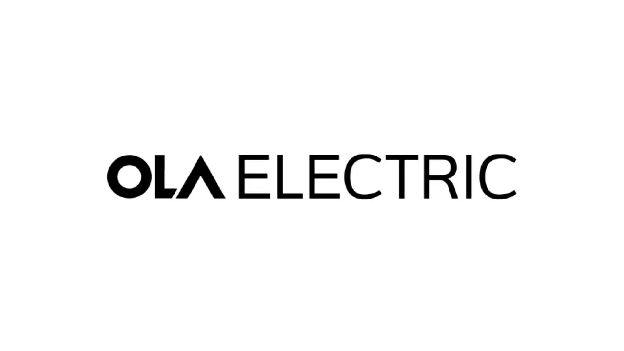 An electric scooter and a battery cell as halftone cutouts, for Ola Electric reporting a 50 per cent revenue fall alongside record gross margins in FY26