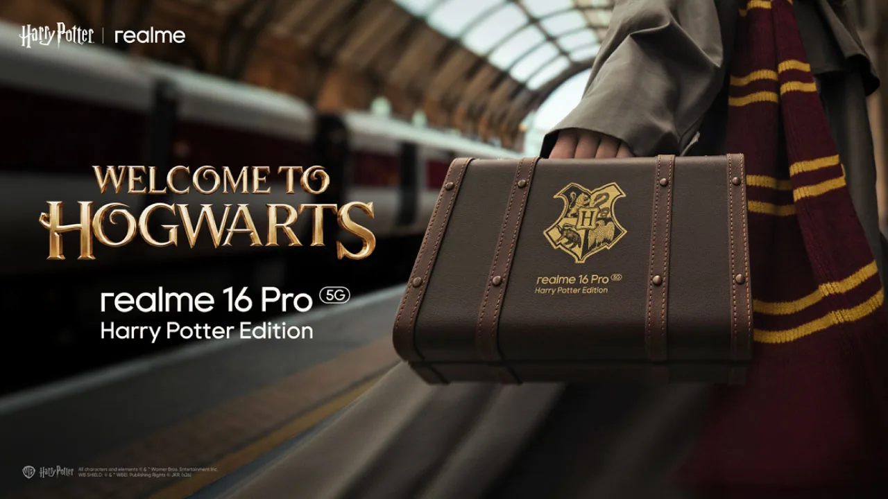A smartphone and a slender wand as halftone cutouts, for realme announcing a Harry Potter edition of the realme 16 Pro 5G