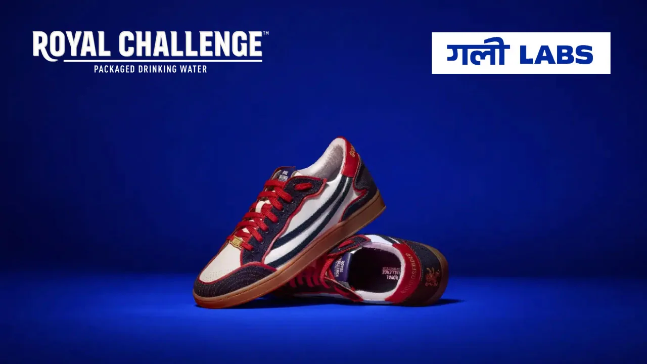 A high-top sneaker and a water bottle, as halftone cutouts, for Royal Challenge moving its Choose Bold line into streetwear