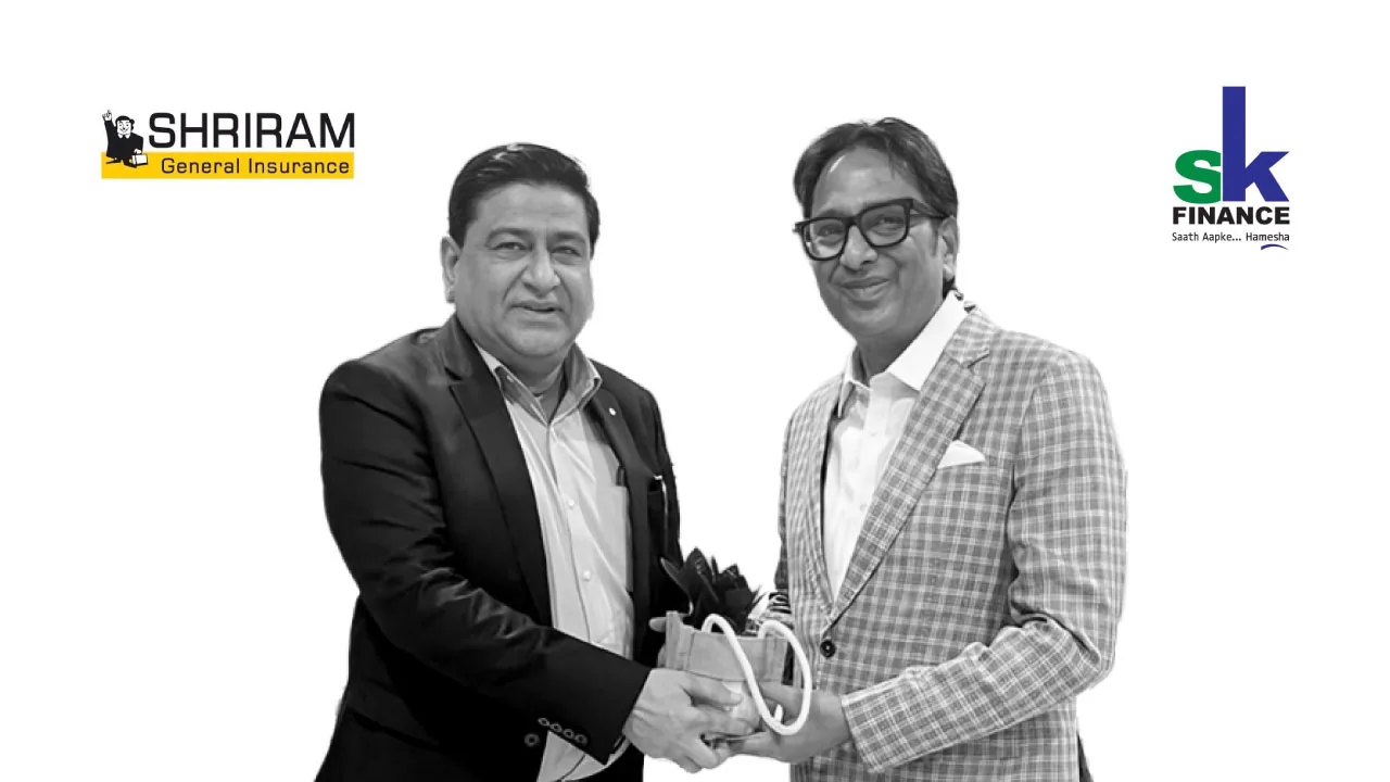 An open umbrella and a small classical bank building as halftone cutouts, for the Shriram General Insurance corporate agency partnership with SK Finance