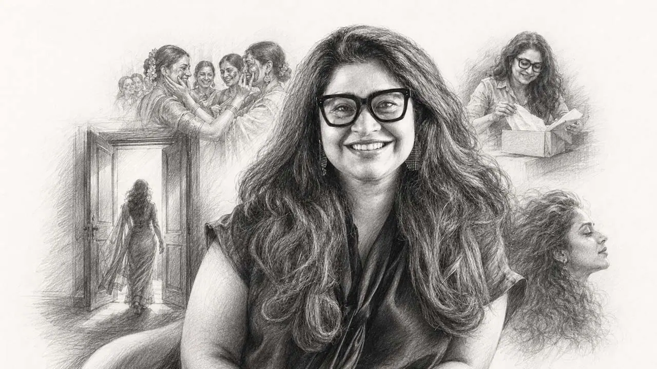 A graphite pencil portrait of Swati Bhattacharya, with sketched scenes from her campaigns