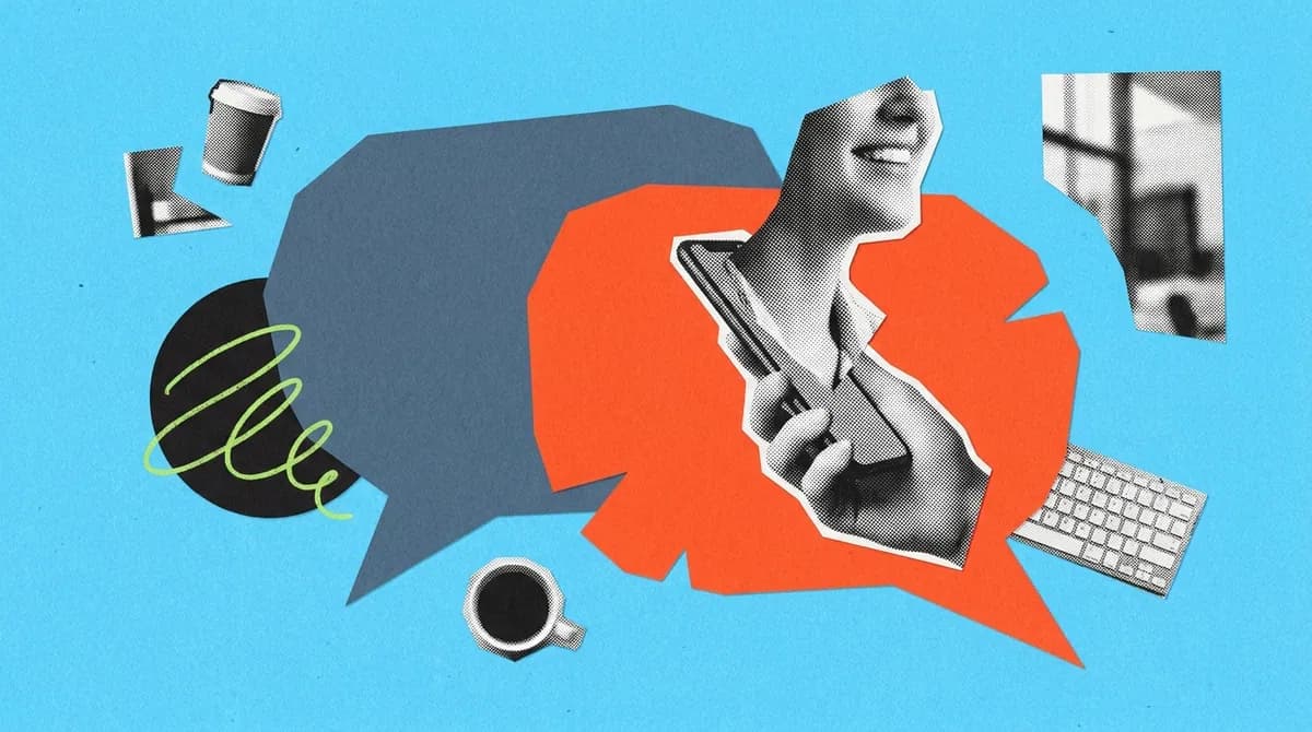 A collage of overlapping speech bubbles and a hand holding a phone, on a bright blue ground
