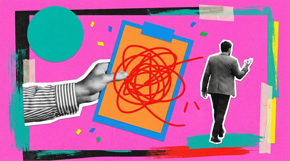 A halftone hand holding a tangled red scribble as a figure walks away, on magenta