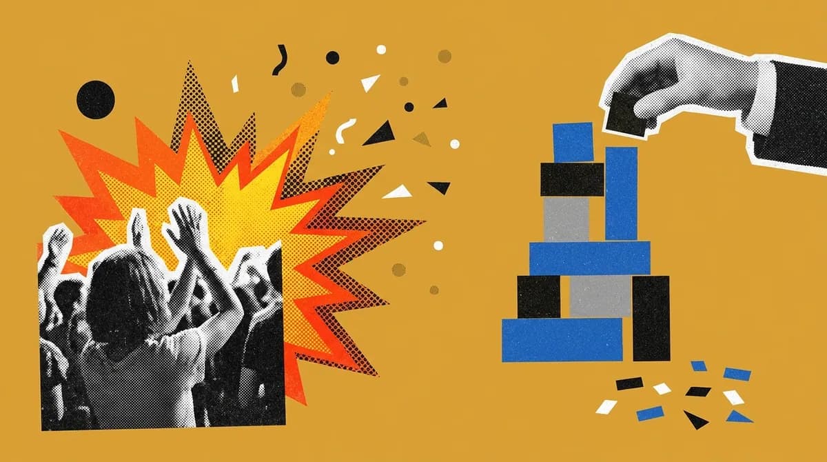 A halftone hand stacking blocks beside a crowd and a comic starburst