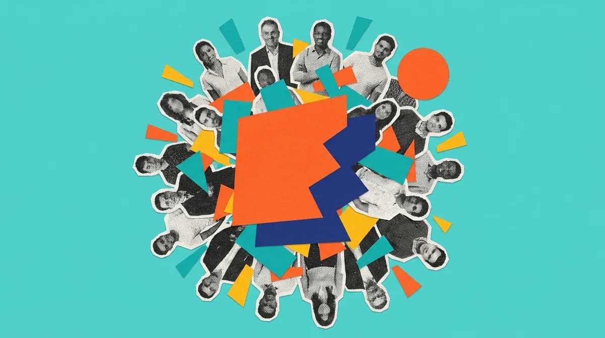 Cut-out figures arranged in a ring around bold paper shapes, on a teal ground