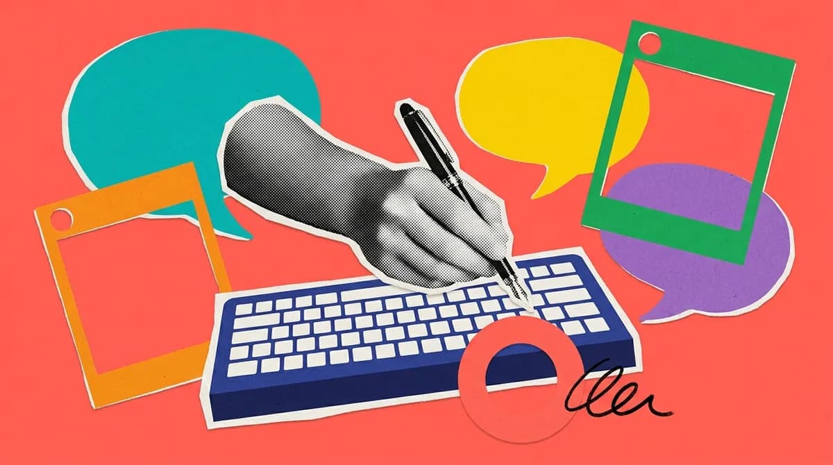 A halftone hand writing at a keyboard, surrounded by speech bubbles and window frames