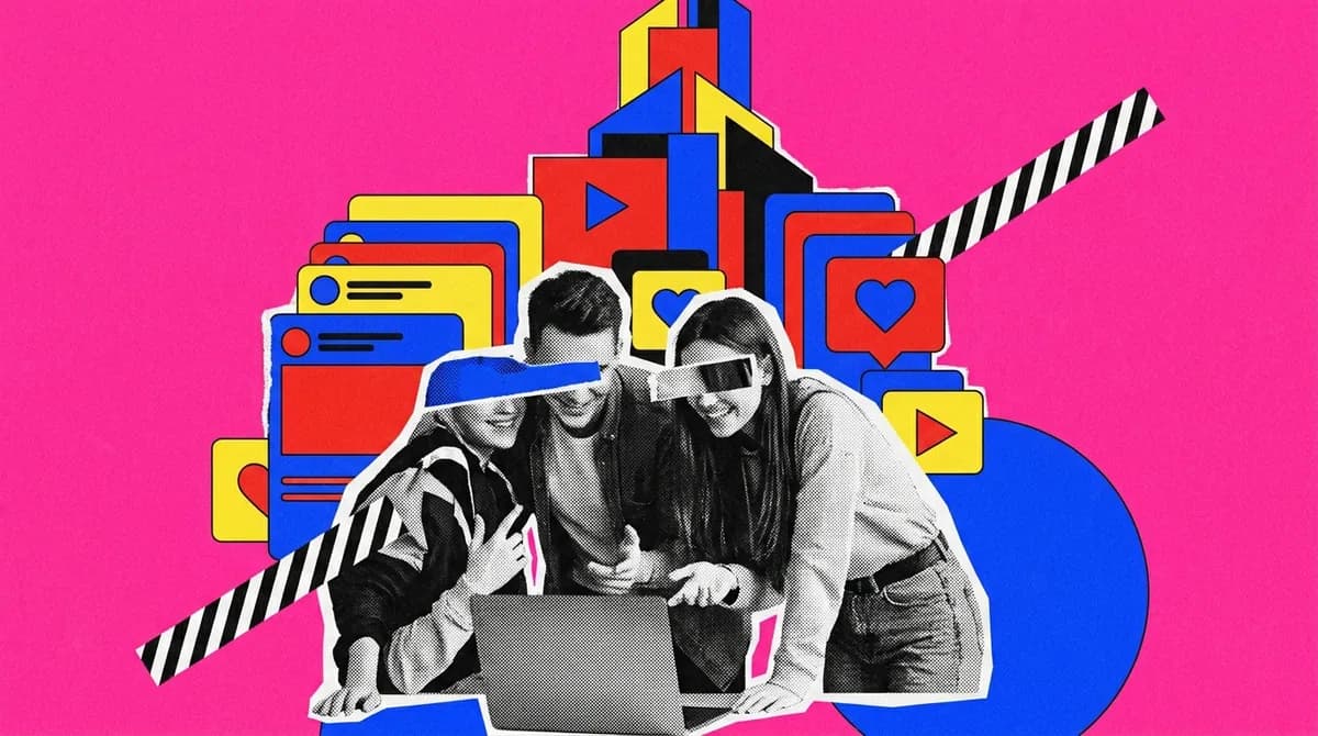A halftone photograph of three colleagues at a laptop, framed by bold graphic shapes