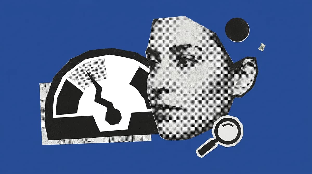 A halftone face beside a broken speedometer dial and a magnifying glass