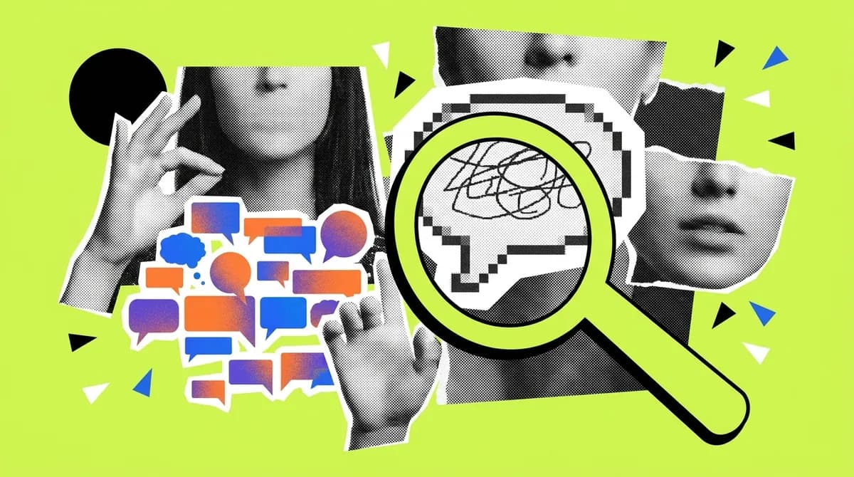 A halftone magnifying glass over a tangle of speech bubbles, flanked by two faces