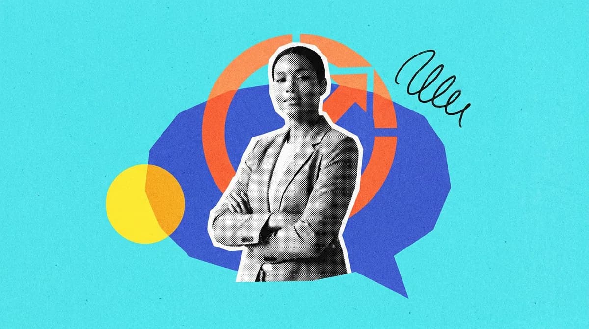 A halftone portrait of a woman with folded arms beside a speech bubble on cyan