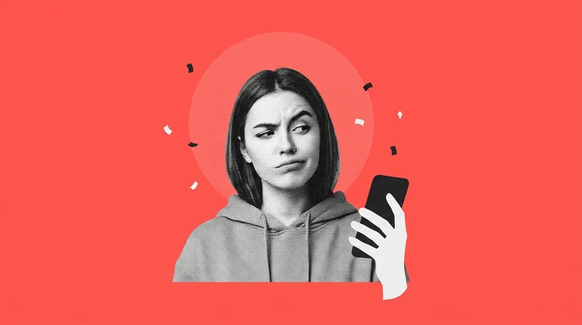 A halftone portrait of a young woman looking sceptically at her phone, on coral