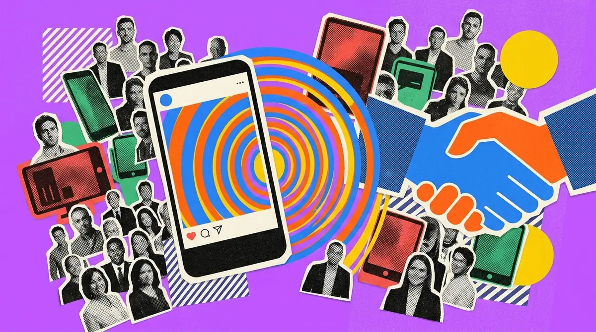 A collage of a smartphone ringed by concentric circles, cut-out crowds and a handshake on a purple ground