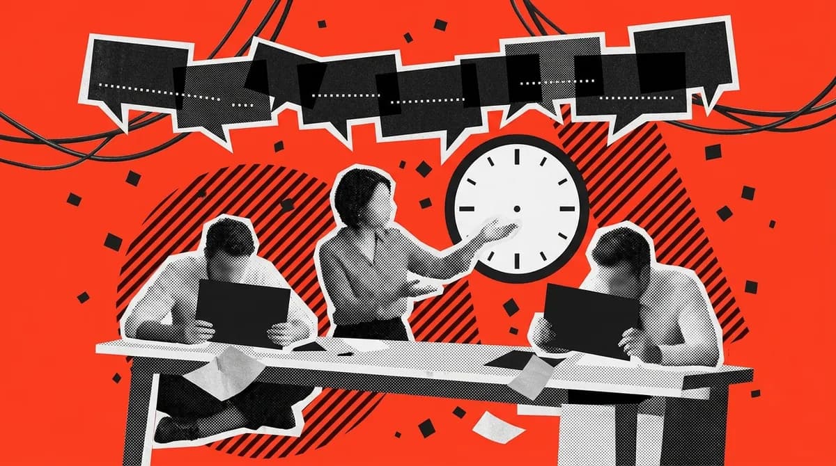 A halftone newsroom of people at desks beneath a wall clock, on a red ground