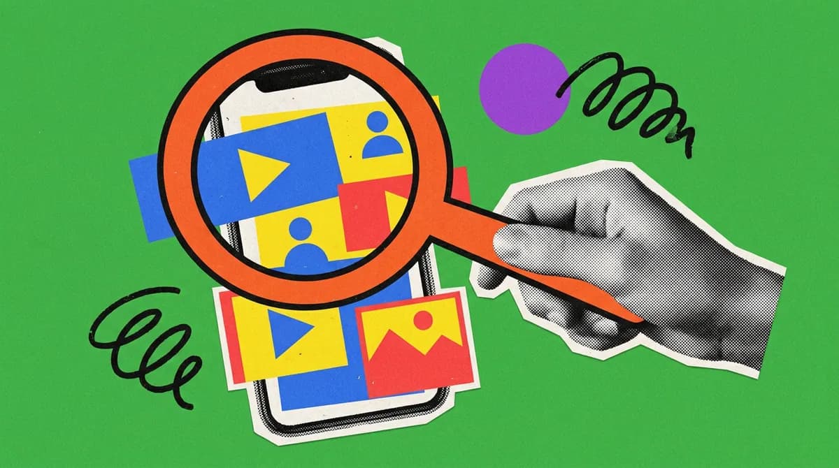 Two halftone hands holding a magnifying glass over a phone screen, on green