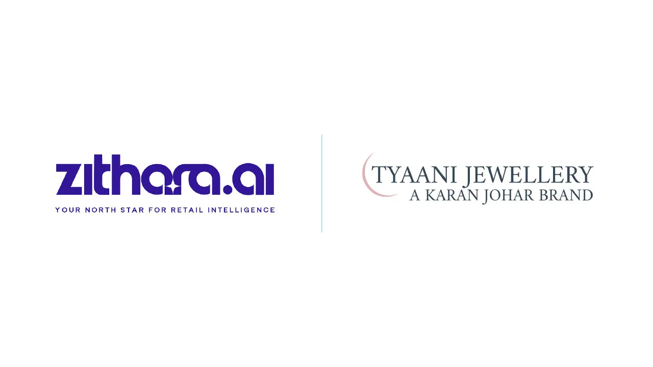 A jewellery display stand and a data node diagram rendered as halftone paper cutouts, for the Zithara.AI and Tyaani Jewellery customer engagement partnership