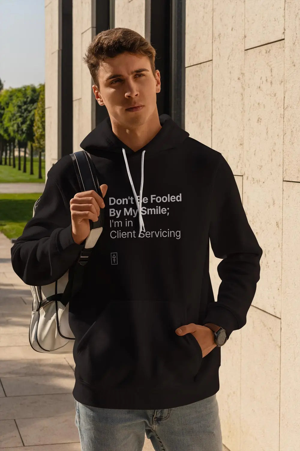 Don't Be Fooled By My Smile; I'm in Client Servicing – Premium Unisex Hooded Sweatshirt for Bold Professionals - Ad Tribe